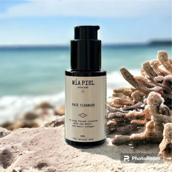 no soap facial cleanser on beach with agae extract in background