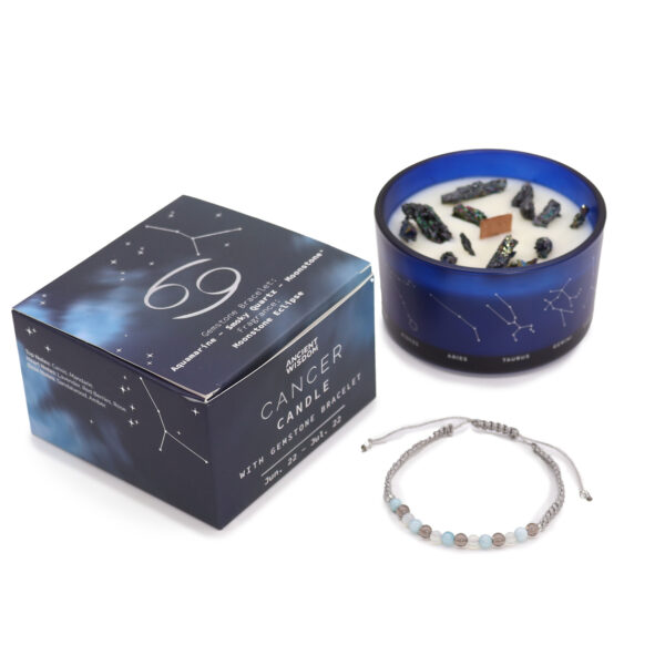 Midnight blue soy wax zodiac candle with silver-embossed constellation design, wooden crackle wick, Peruvian pyrite decoration, and gemstone bracelet for [Zodiac Sign]. Presented in a luxury silver-embossed gift box."