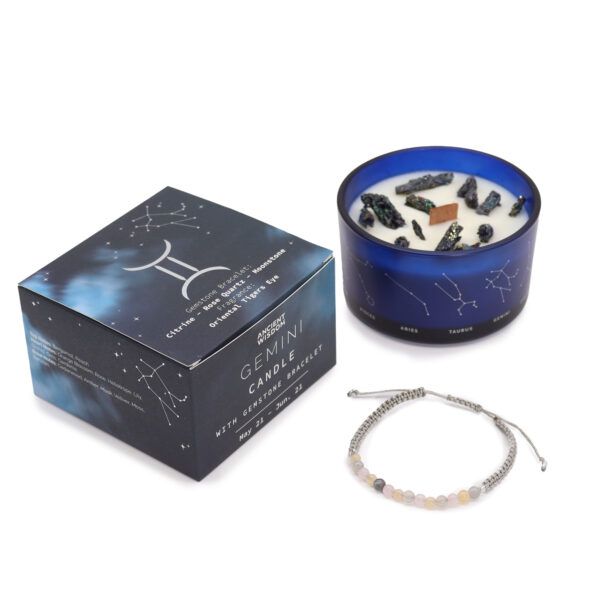 "Midnight blue soy wax zodiac candle with silver-embossed constellation design, wooden crackle wick, Peruvian pyrite decoration, and gemstone bracelet for [Zodiac Sign]. Presented in a luxury silver-embossed gift box."